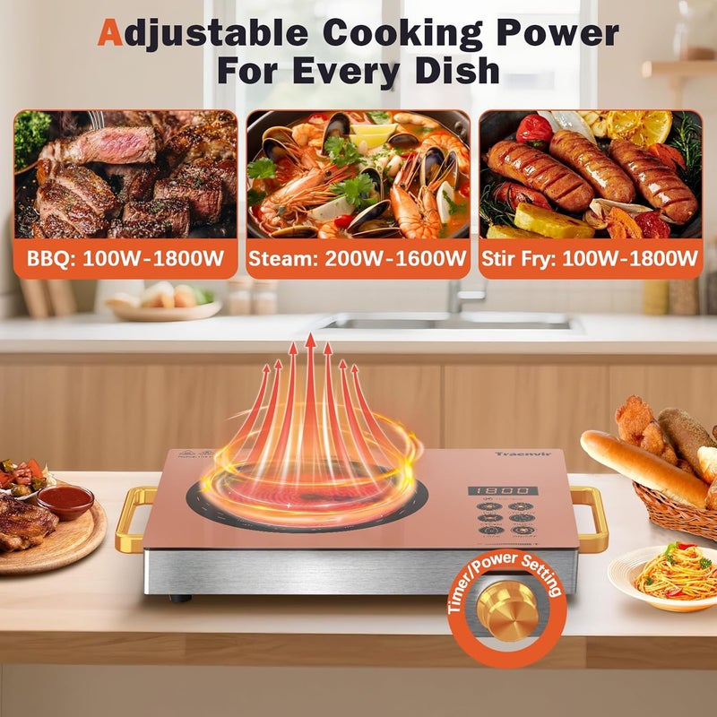 Traenvir Single Burner Electric Cooktop, Protable Electric Stove with Handle, 1800W One Burner Ceramic Stove top for Dorm, Home, RV, Child Lock, Timer, Steam, BBQ, Stir Fry,110V - 120V Plug in, Orange - Image 5